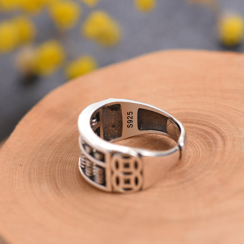 Bague ajustable vintage en argent avec boulier, pour la chance et la prospérité