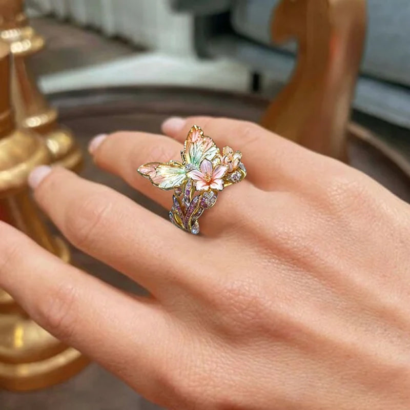 Bague fleur papillon ajustable