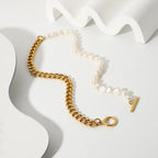 Collier ras-du-cou perles et chaîne cubaine en or 18k