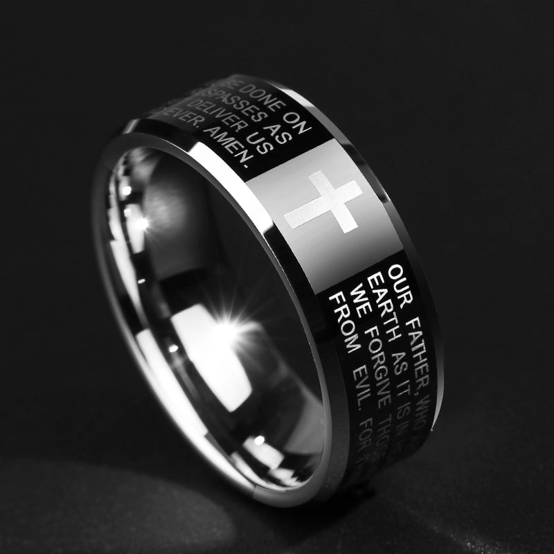Bague pour homme en alliage de tungstène noir avec croix