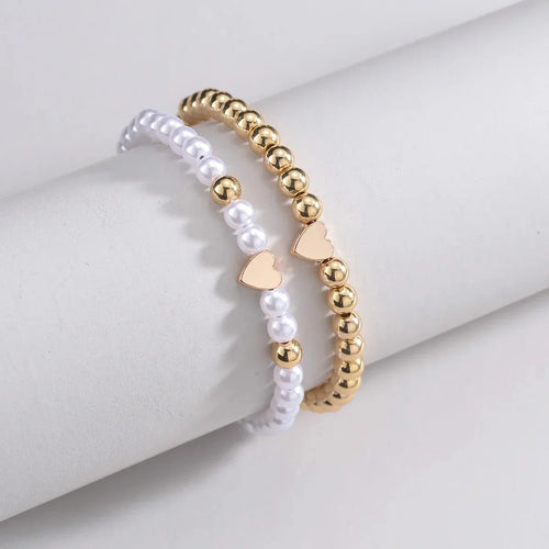 2 Bracelets de Perles Cœur Blanc & Or