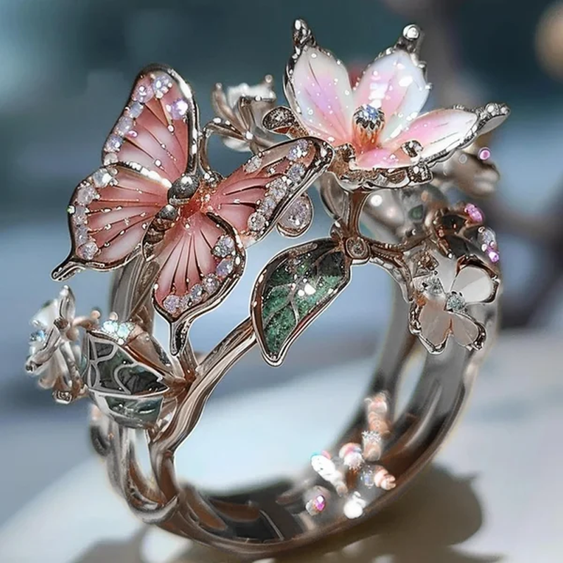 Bague fleur papillon ajustable