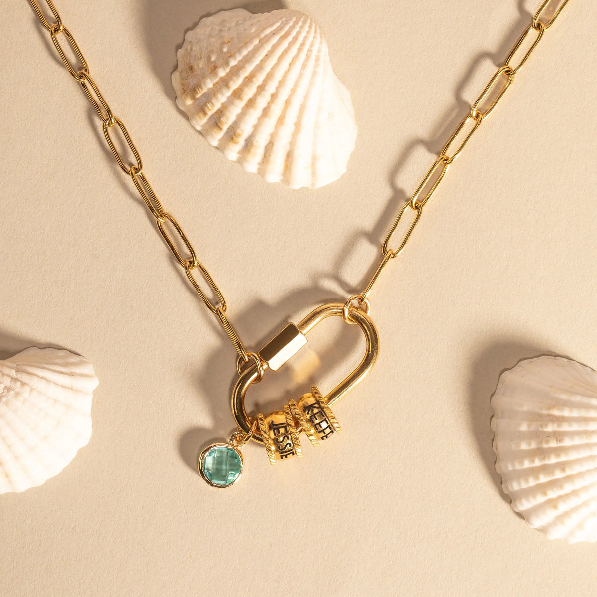 Collier personnalisé mousqueton avec nom et pierre de naissance