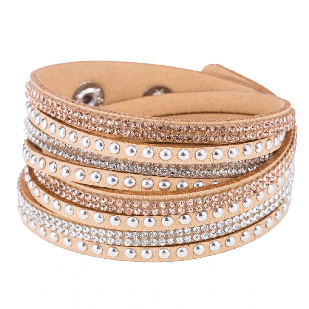 Bracelet manchette unisexe en cuir à strass réglable
