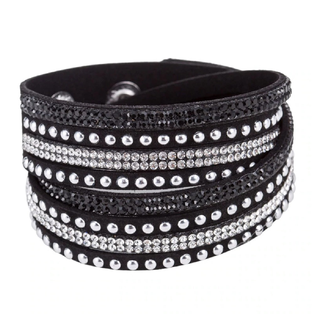 Bracelet manchette unisexe en cuir à strass réglable