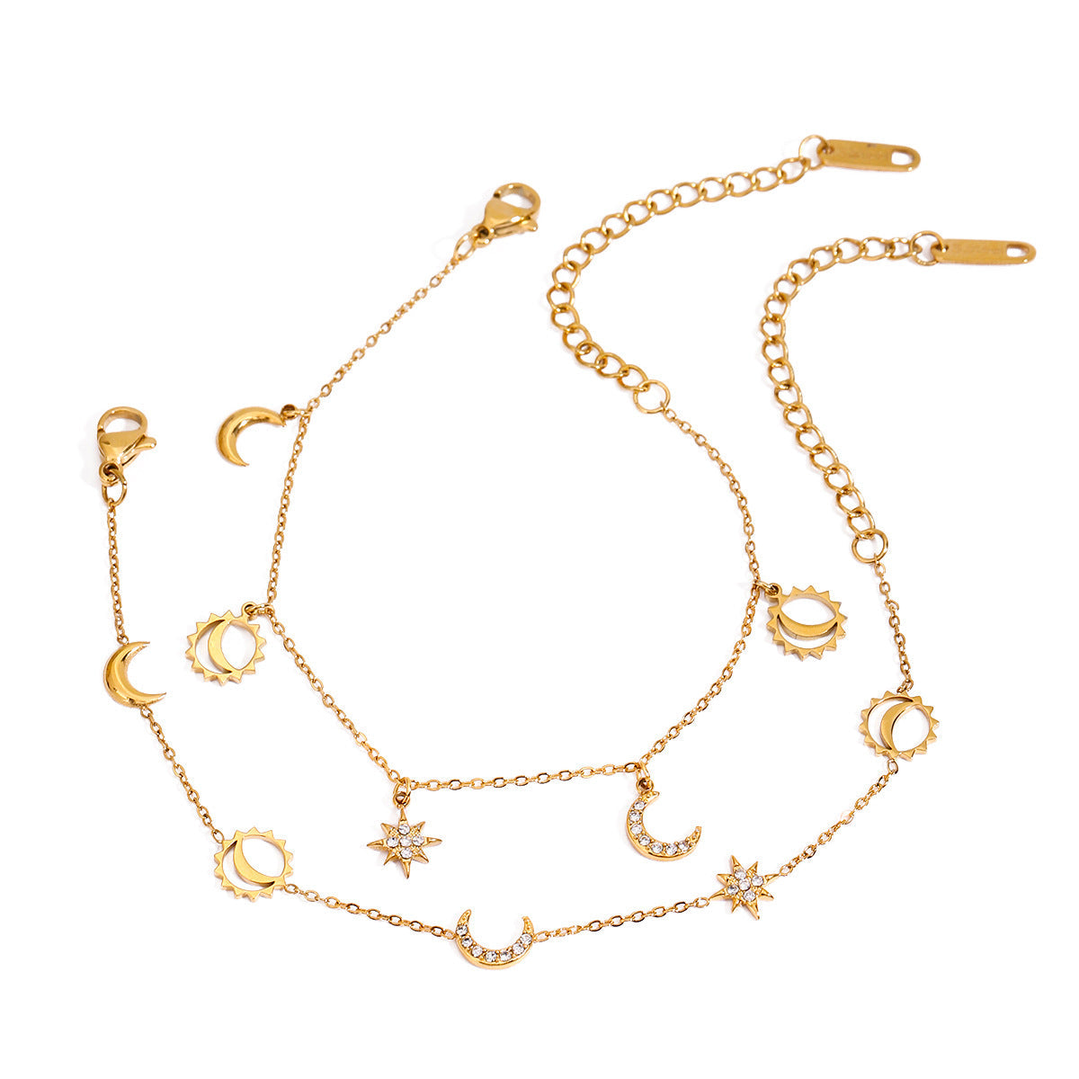 Chevillère pour femme avec breloques soleil et lune en acier inoxydable