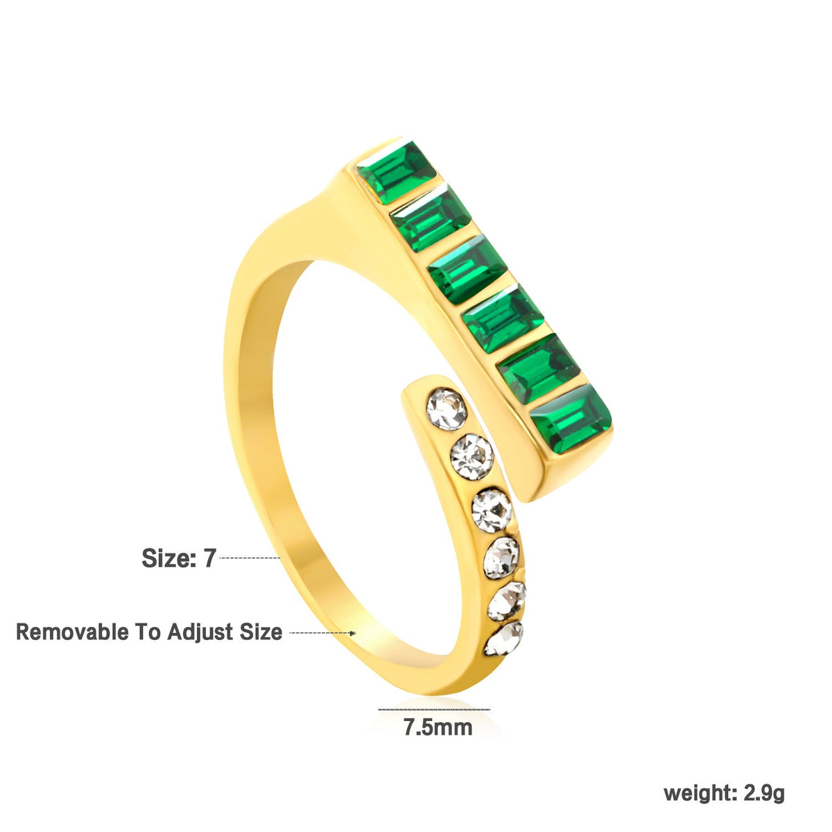 Bague réglable pour femme avec zircons et accents verts