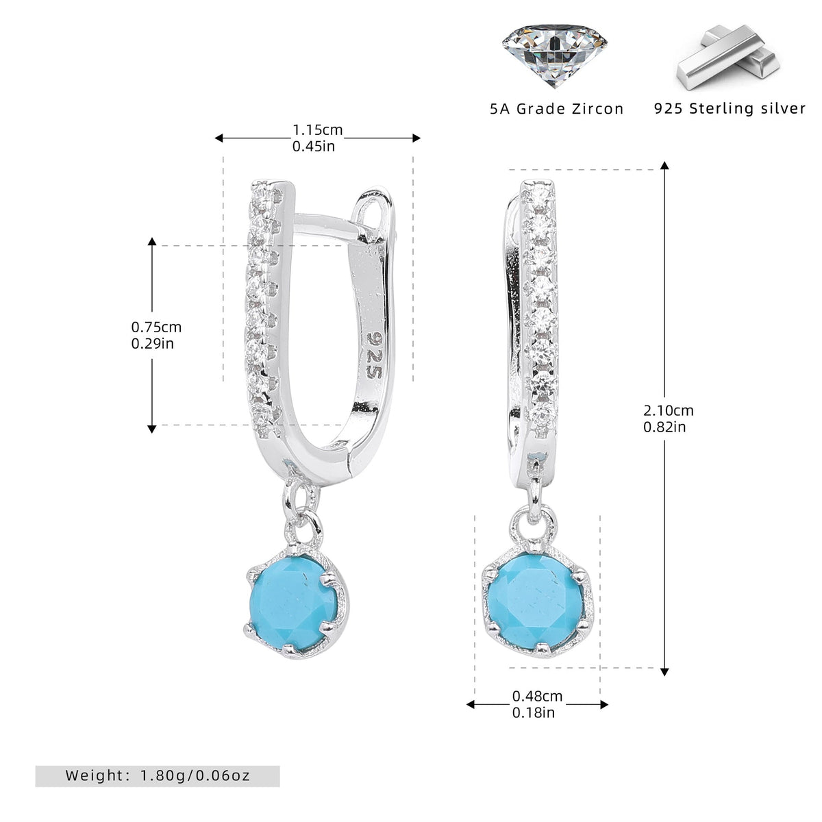 Boucles d'oreilles pendantes en argent sterling 925 avec zircon