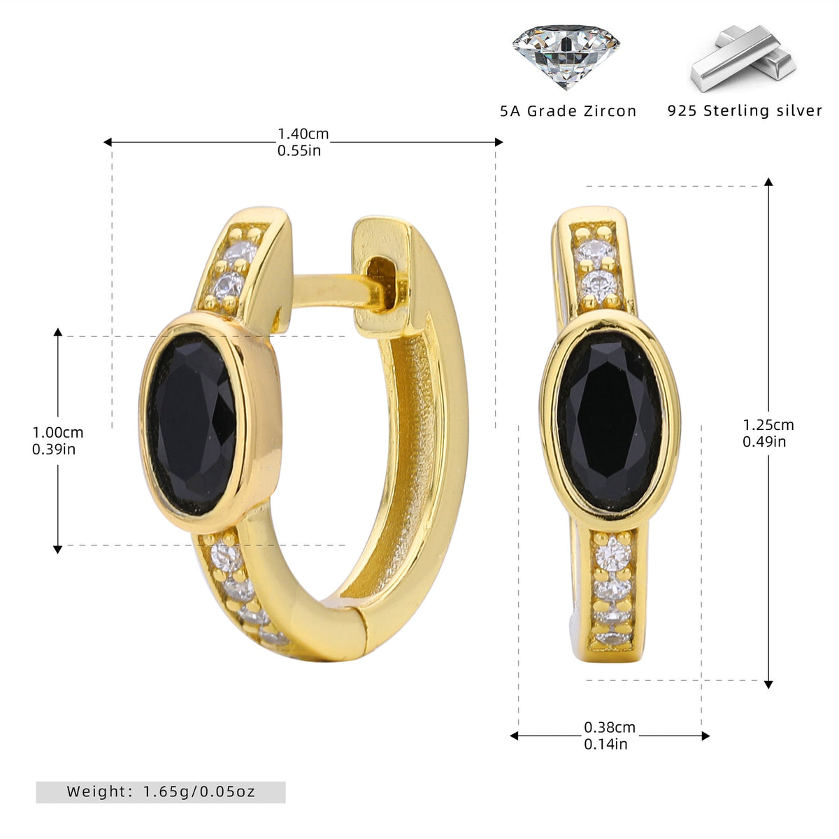 Boucles d'oreilles pendantes avec zircon ovale et monture en argent 925 doré