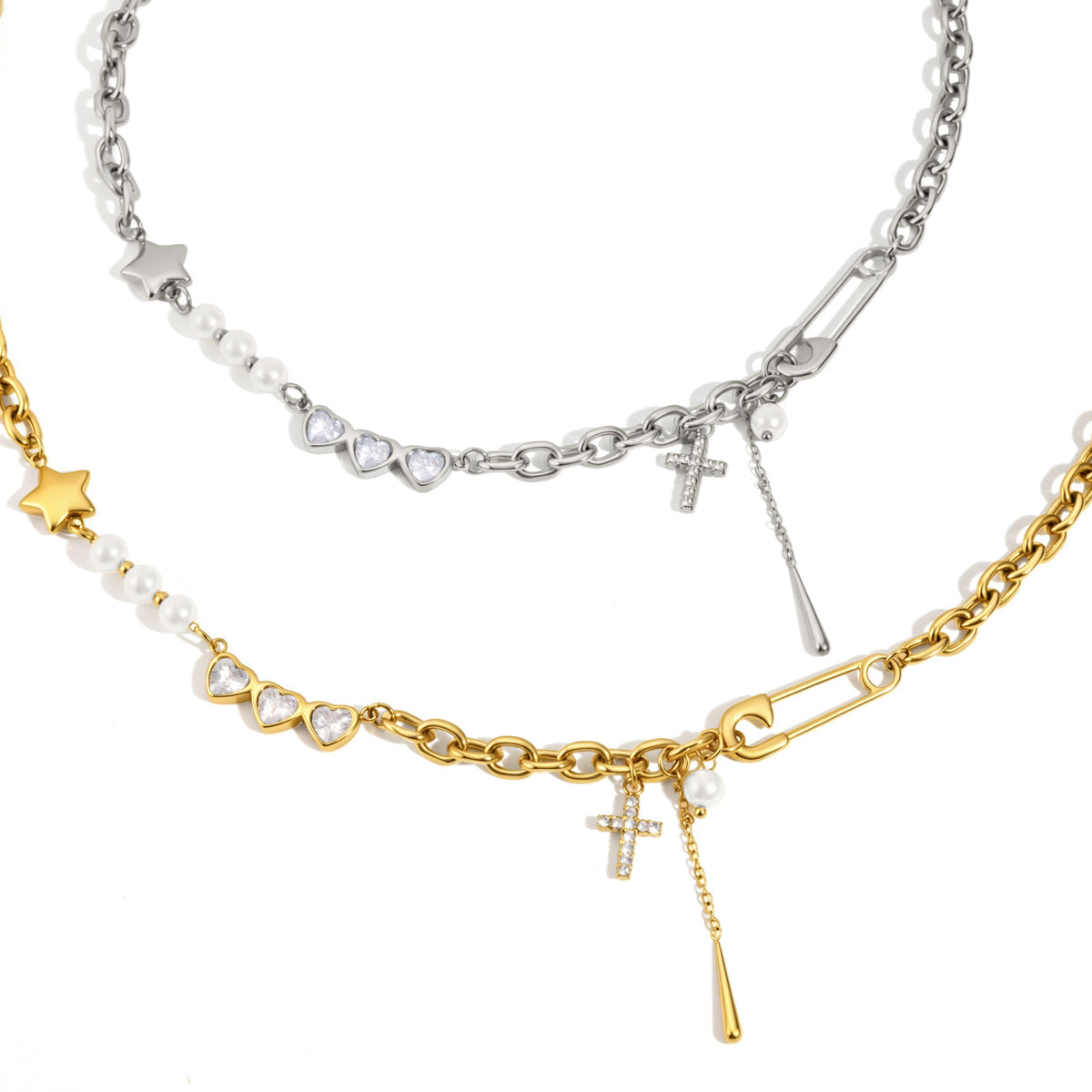 Collier pour femme avec pendentifs étoile et cœur en acier inoxydable