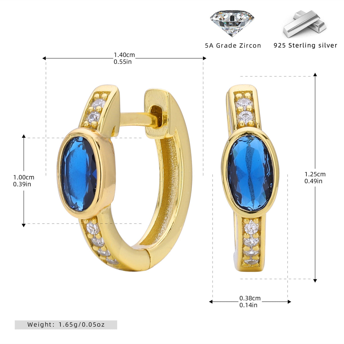 Boucles d'oreilles pendantes avec zircon ovale et monture en argent 925 doré