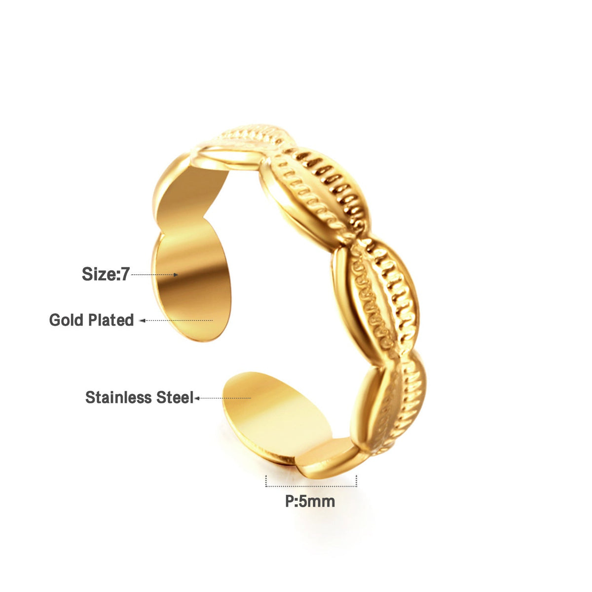 Bague ouverte pour femme motif coquillage doré