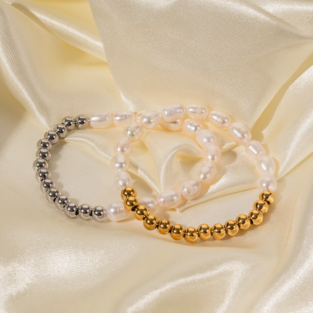 Bracelet élastique pour femme avec perles et éléments en acier inoxydable