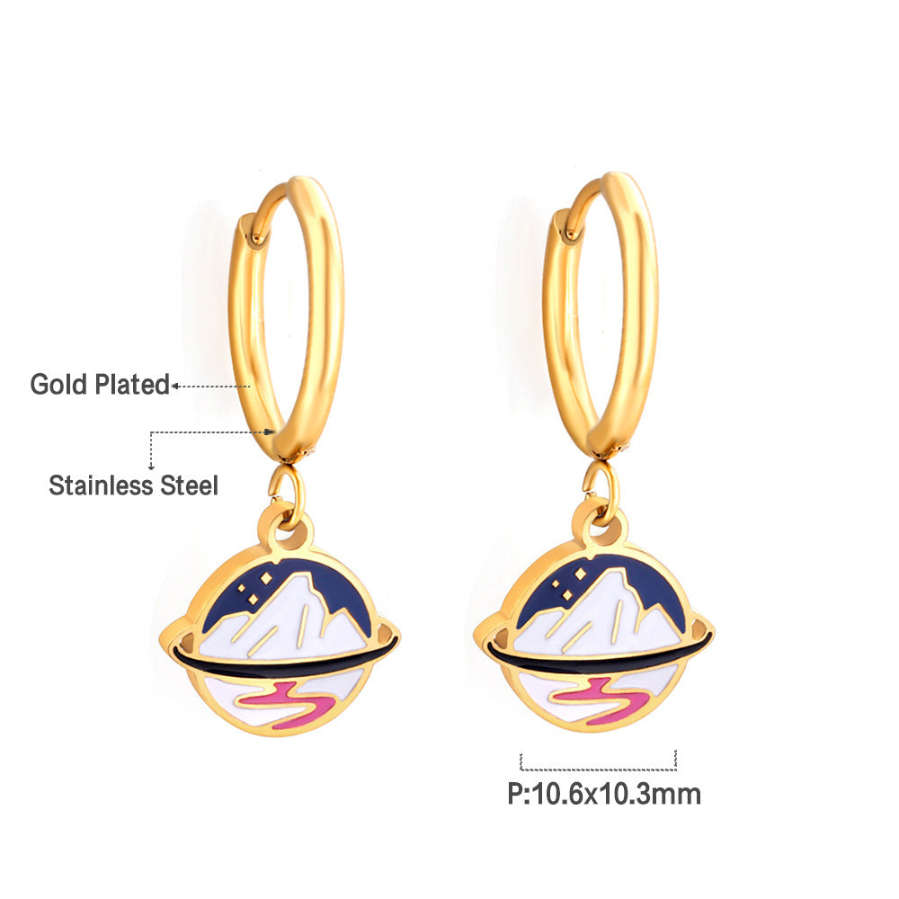 Boucles d'oreilles pendantes pour femme design planétaire en acier doré