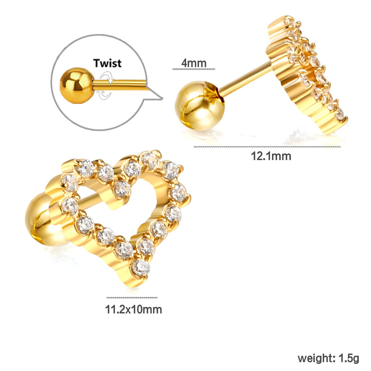 Boucles d'oreilles cœur avec cristaux