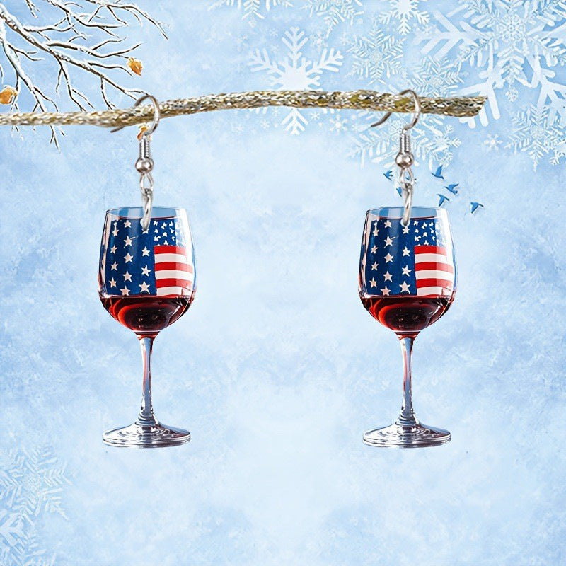 Boucles d'oreilles pendantes verre à vin avec émail drapeau américain