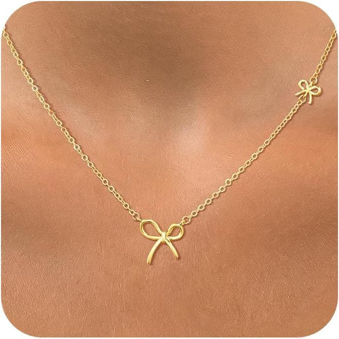 Collier double rang pour femme avec pendentifs cœur et nœud