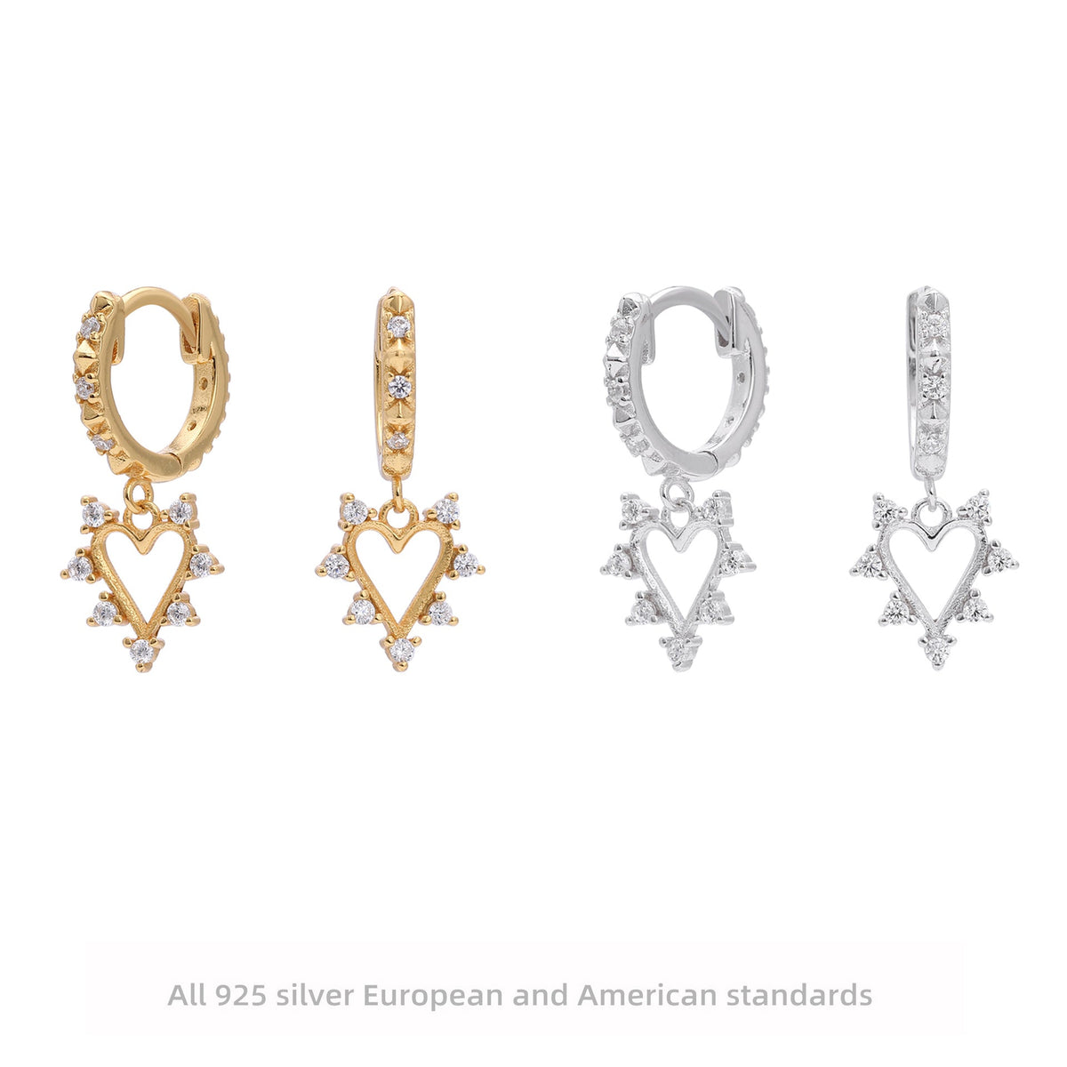 Boucles d'oreilles pendantes cœur en argent sterling 925 et zircon