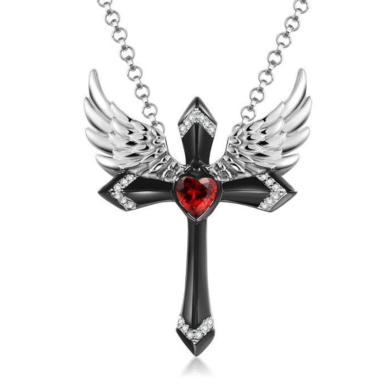 Collier pendentif croix ailes d'ange gothique