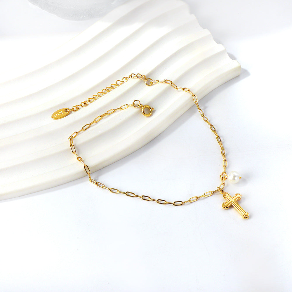 Bracelet pour femme avec pendentif croix et perle
