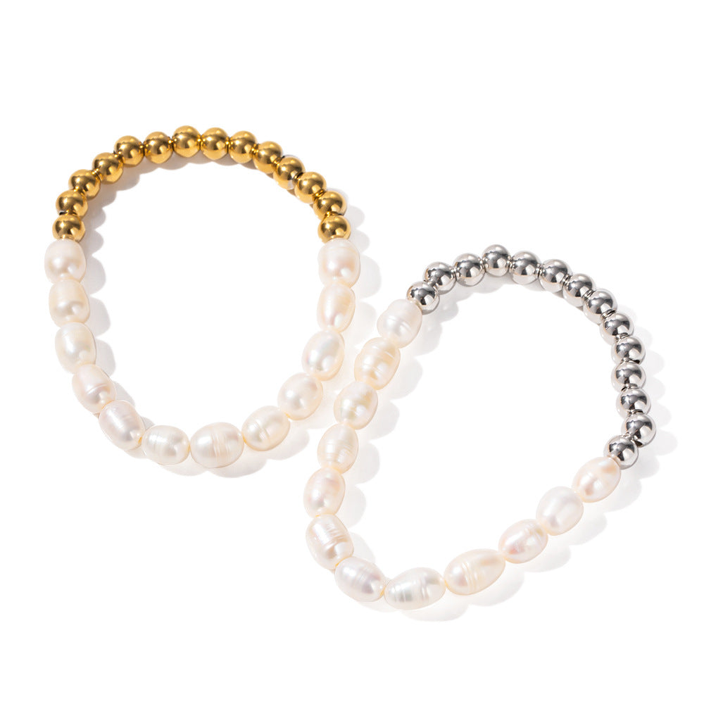 Bracelet élastique pour femme avec perles et éléments en acier inoxydable