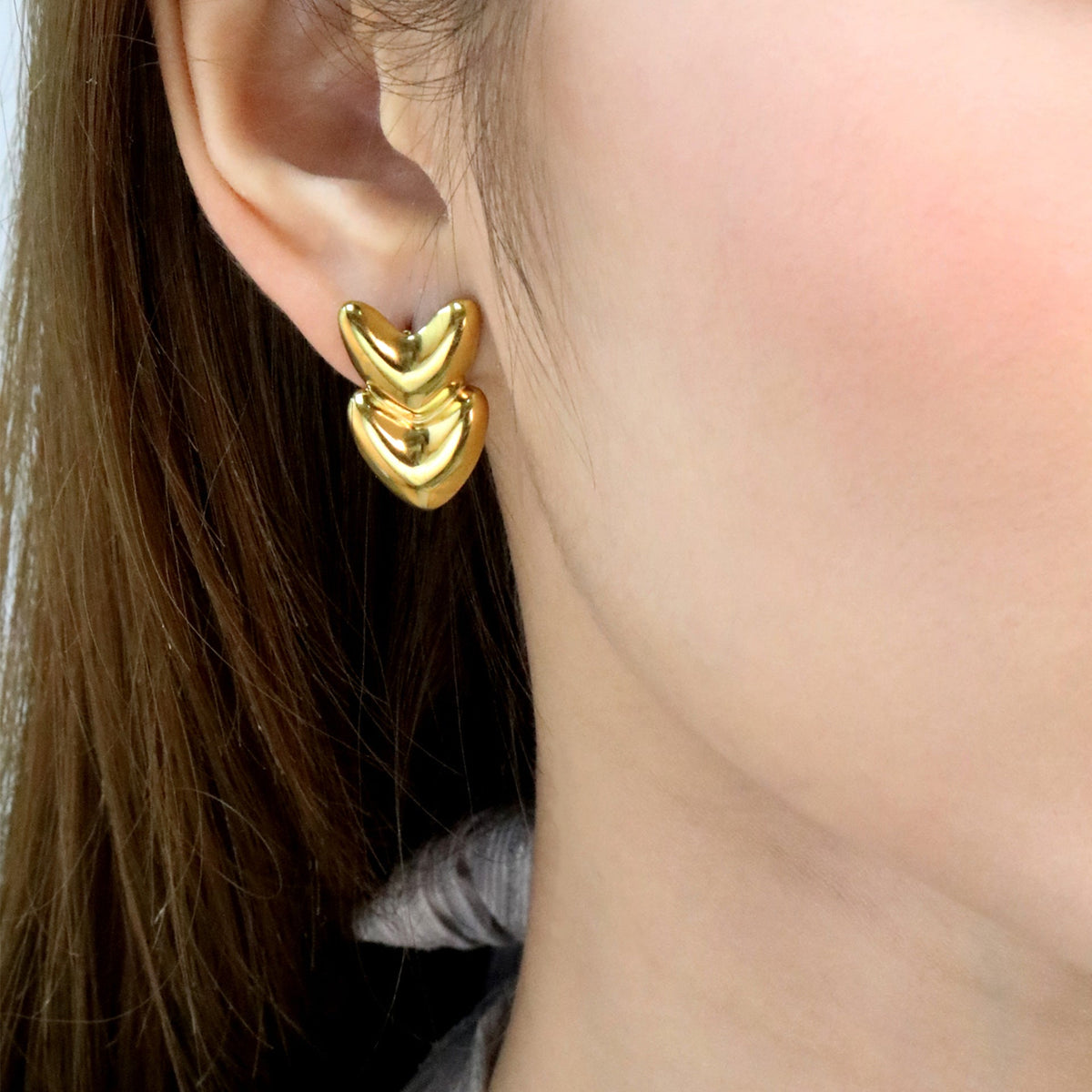 Boucles d'oreilles pendantes pour femme avec double cœur en acier inoxydable