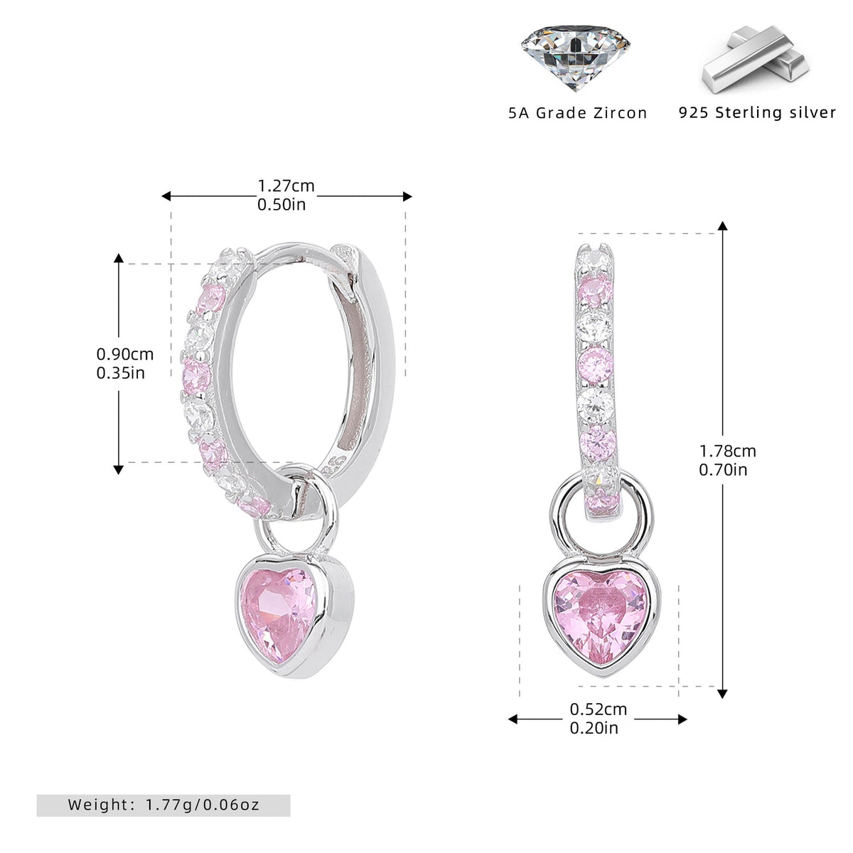 Boucles d'oreilles pendantes cœur en argent sterling 925 et zircone