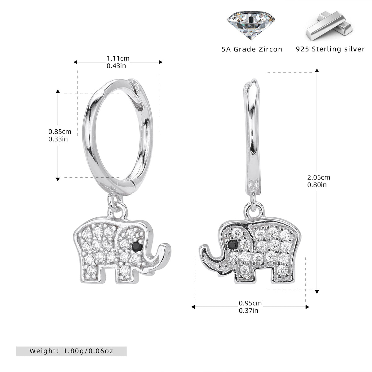 Boucles d'oreilles pendantes éléphant en argent sterling 925