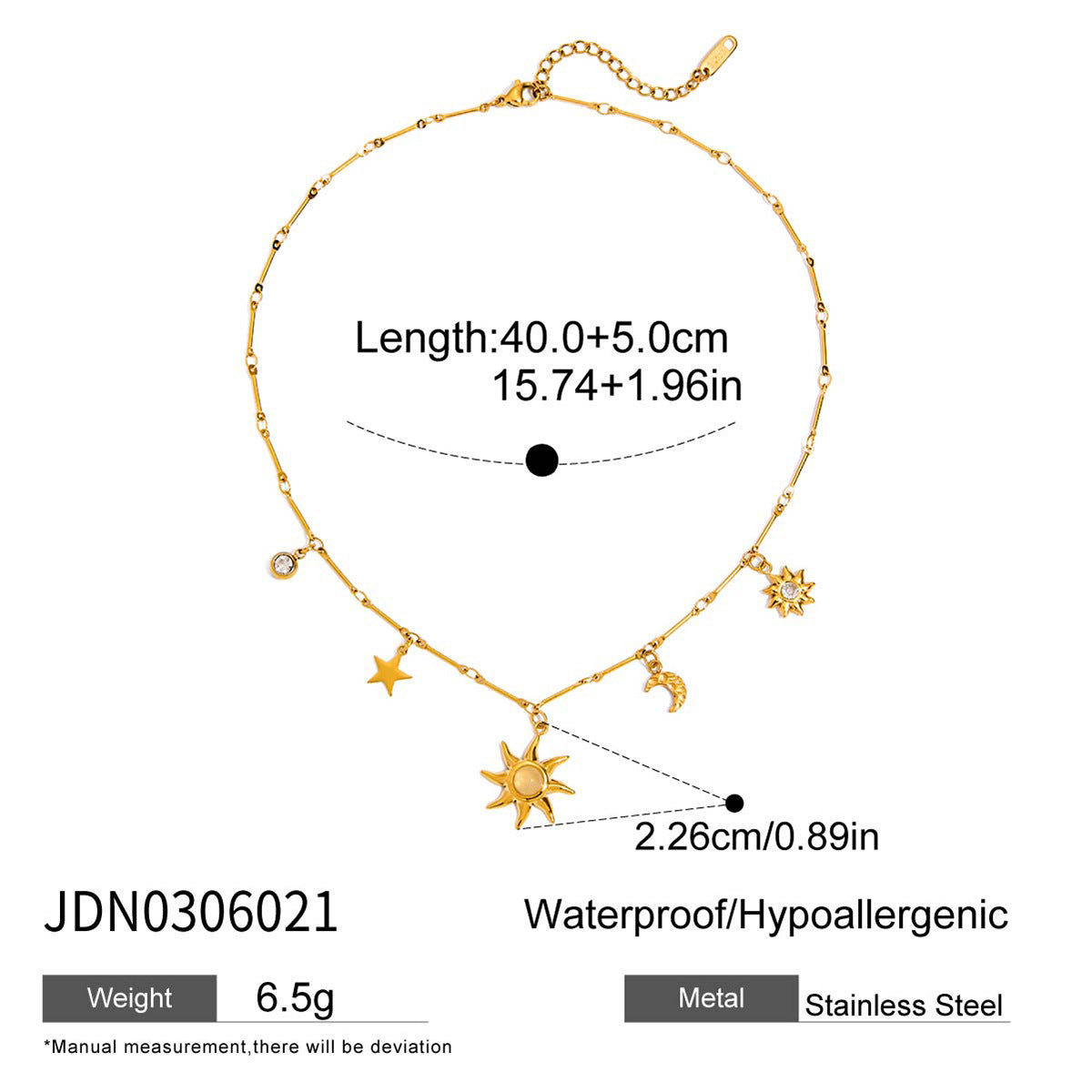 Collier pour femme avec pendentif soleil et lune en acier