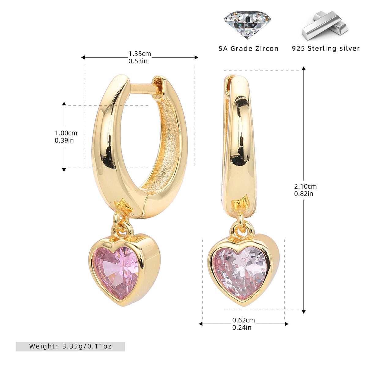 Boucles d'oreilles pendantes cœur avec finition dorée