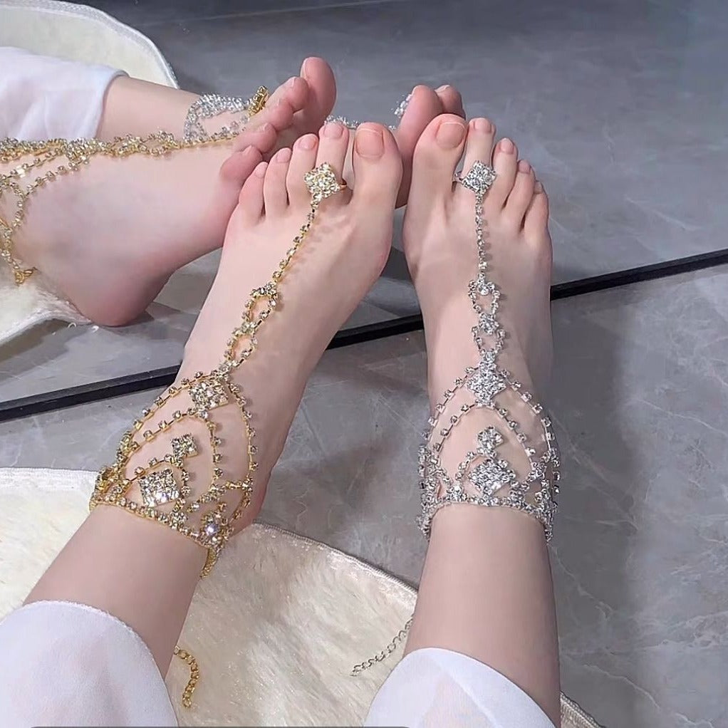 Bijou de pied strass avec bague d'orteil et chaîne réglable