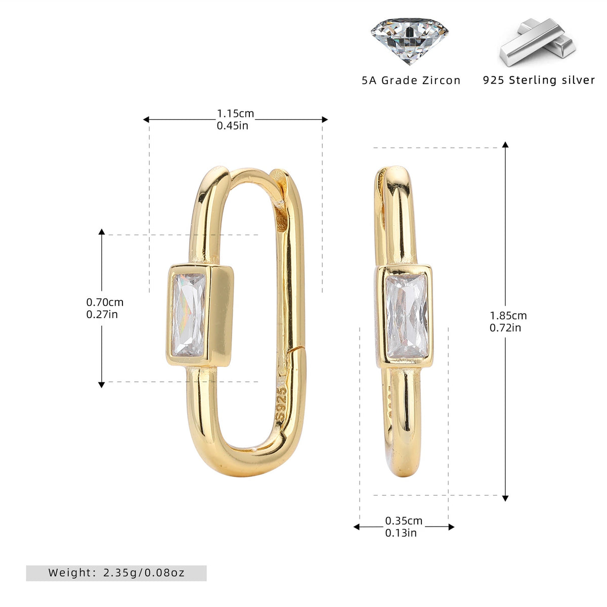 Clous d'oreilles en argent sterling 925 et zircon 5A
