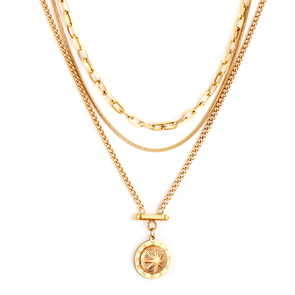 Collier multi-rangs pour femme avec pendentif boussole