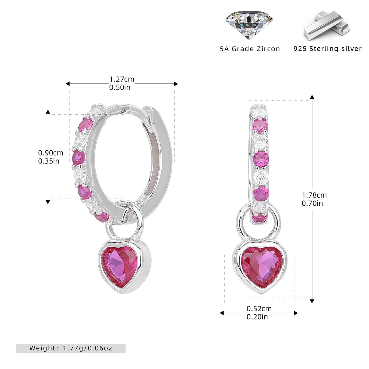 Boucles d'oreilles pendantes cœur en argent sterling 925 et zircone