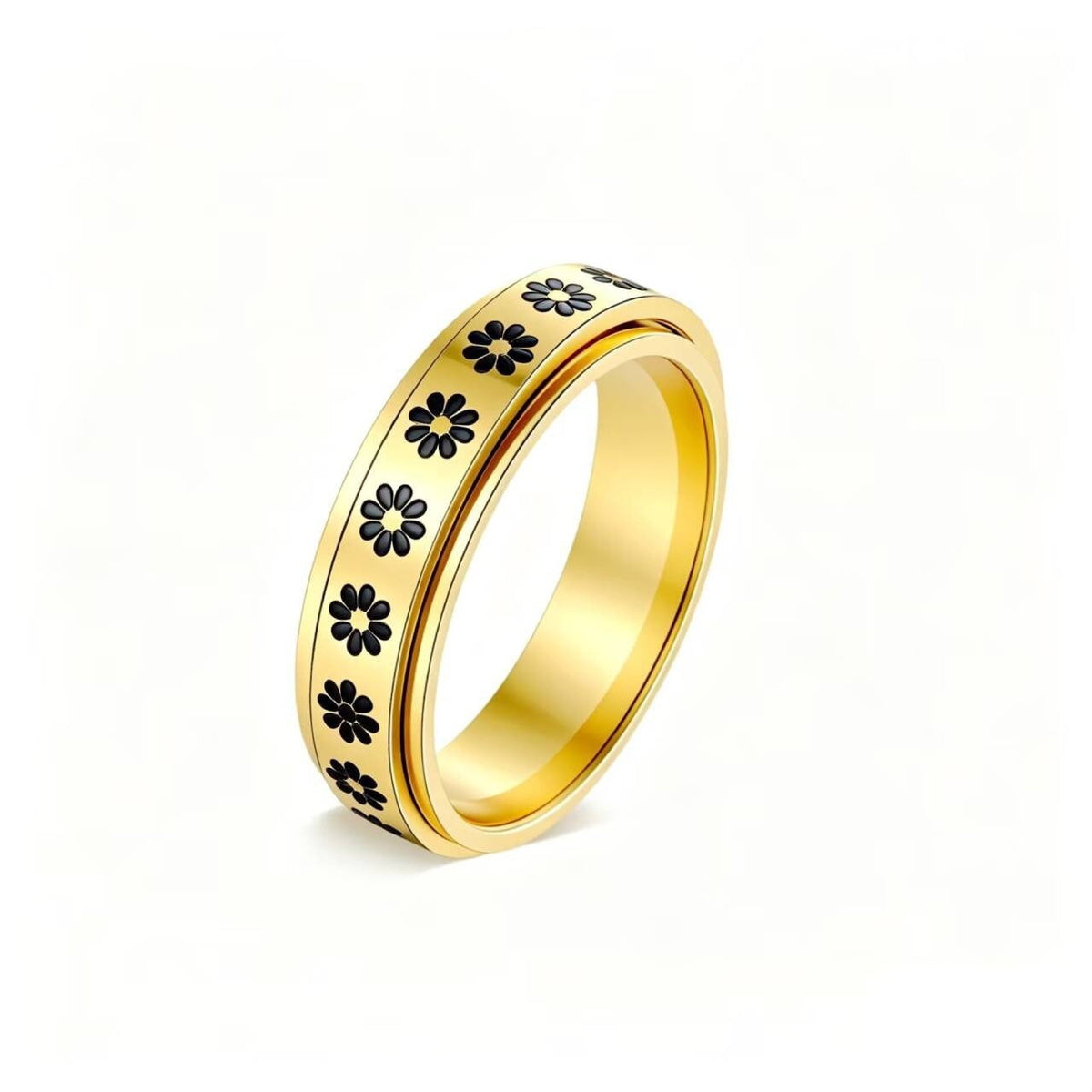 Bague pour homme à motif damier noir et blanc et détails dorés