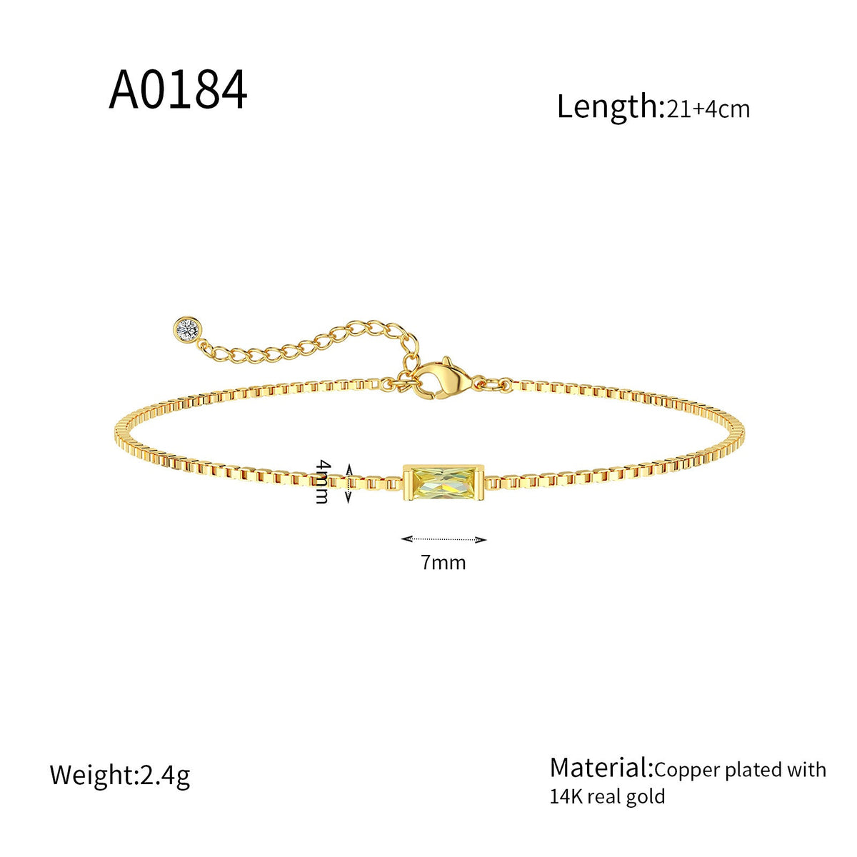 Bracelet délicat avec zircone rectangulaire et chaîne d'extension