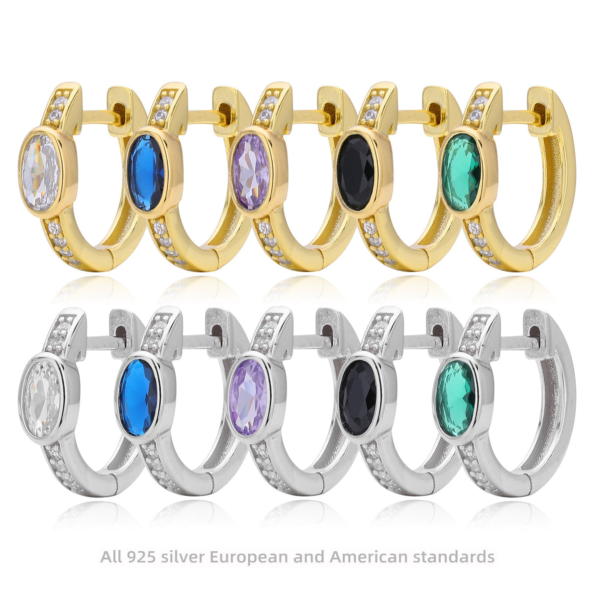 Boucles d'oreilles pendantes avec zircon ovale et monture en argent 925 doré
