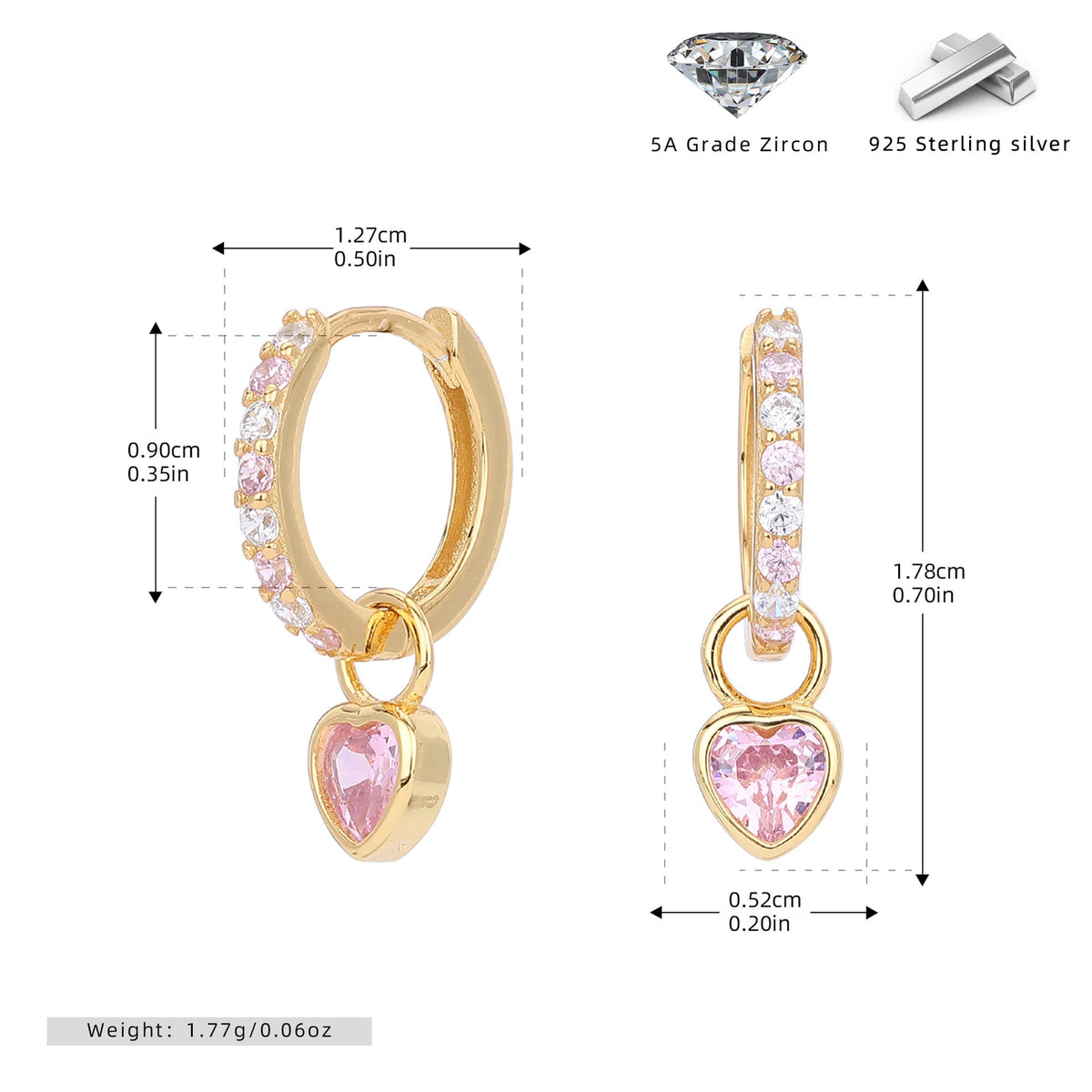 Boucles d'oreilles pendantes cœur en argent sterling 925 et zircone