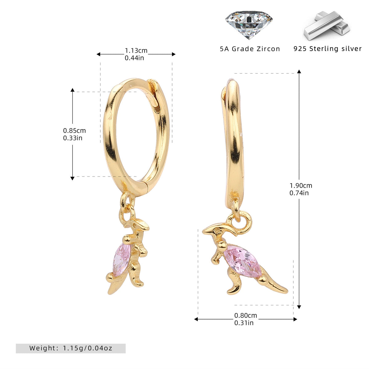 Boucles d'oreilles pour femme motif kangourou en argent sterling 925