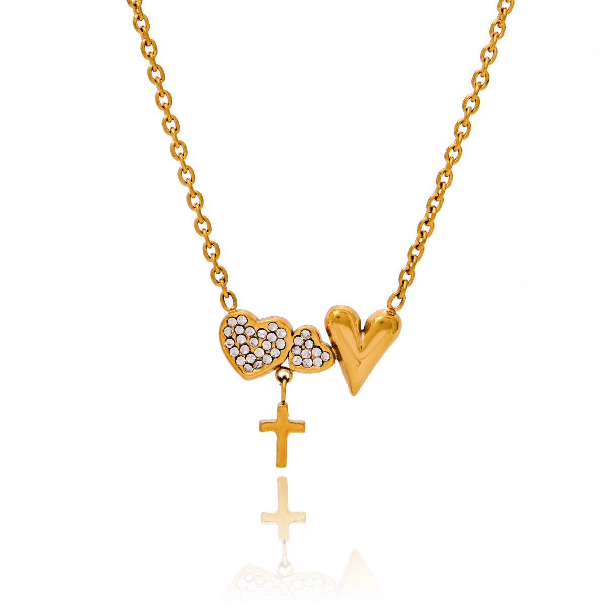 Collier pour femme avec pendentifs cœur et croix en acier inoxydable hypoallergénique