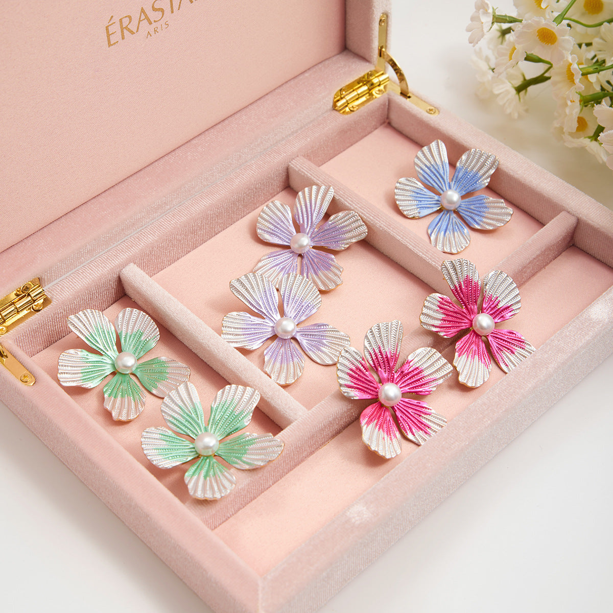 Boucles d'oreilles pendantes fleurs en acier inoxydable