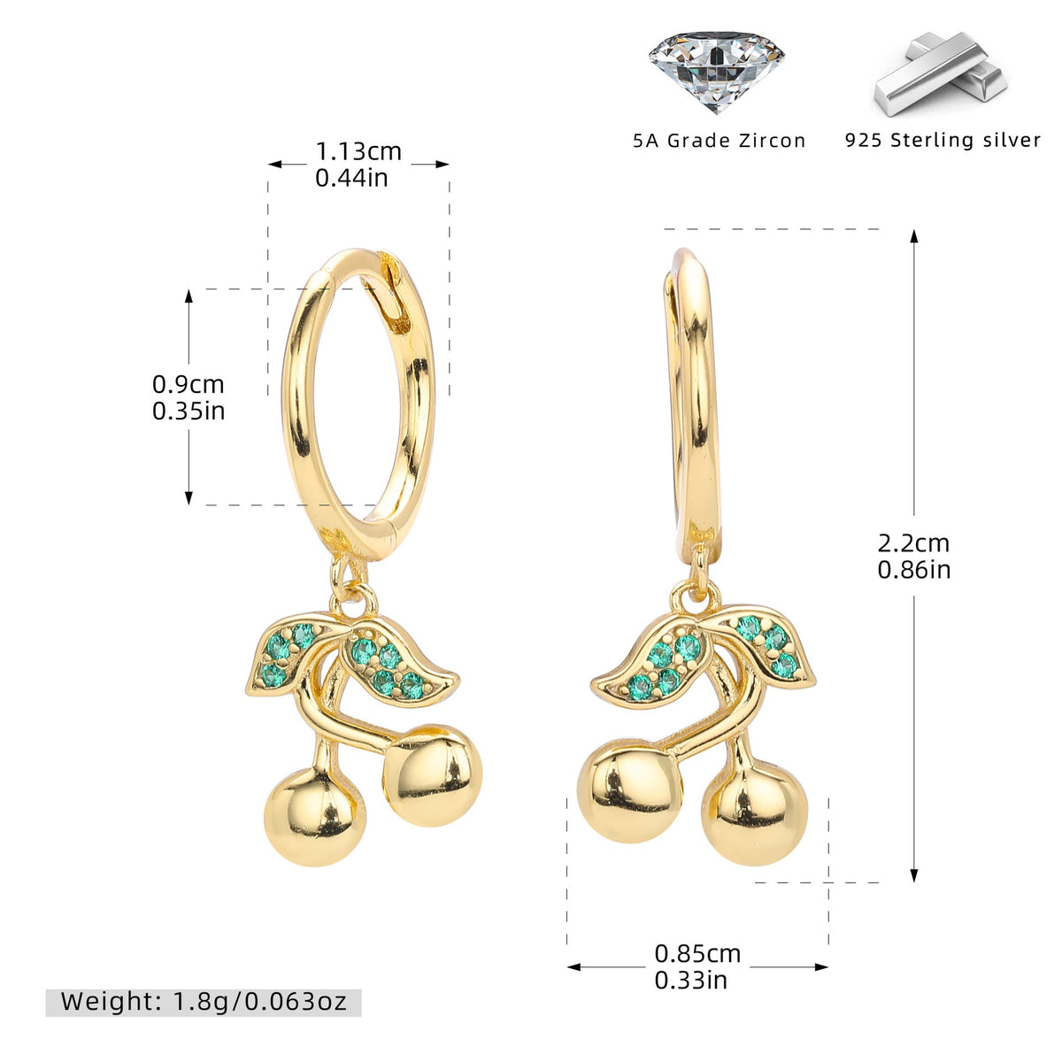 Boucles d'oreilles pendantes pour femme avec motif cerise en argent sterling 925