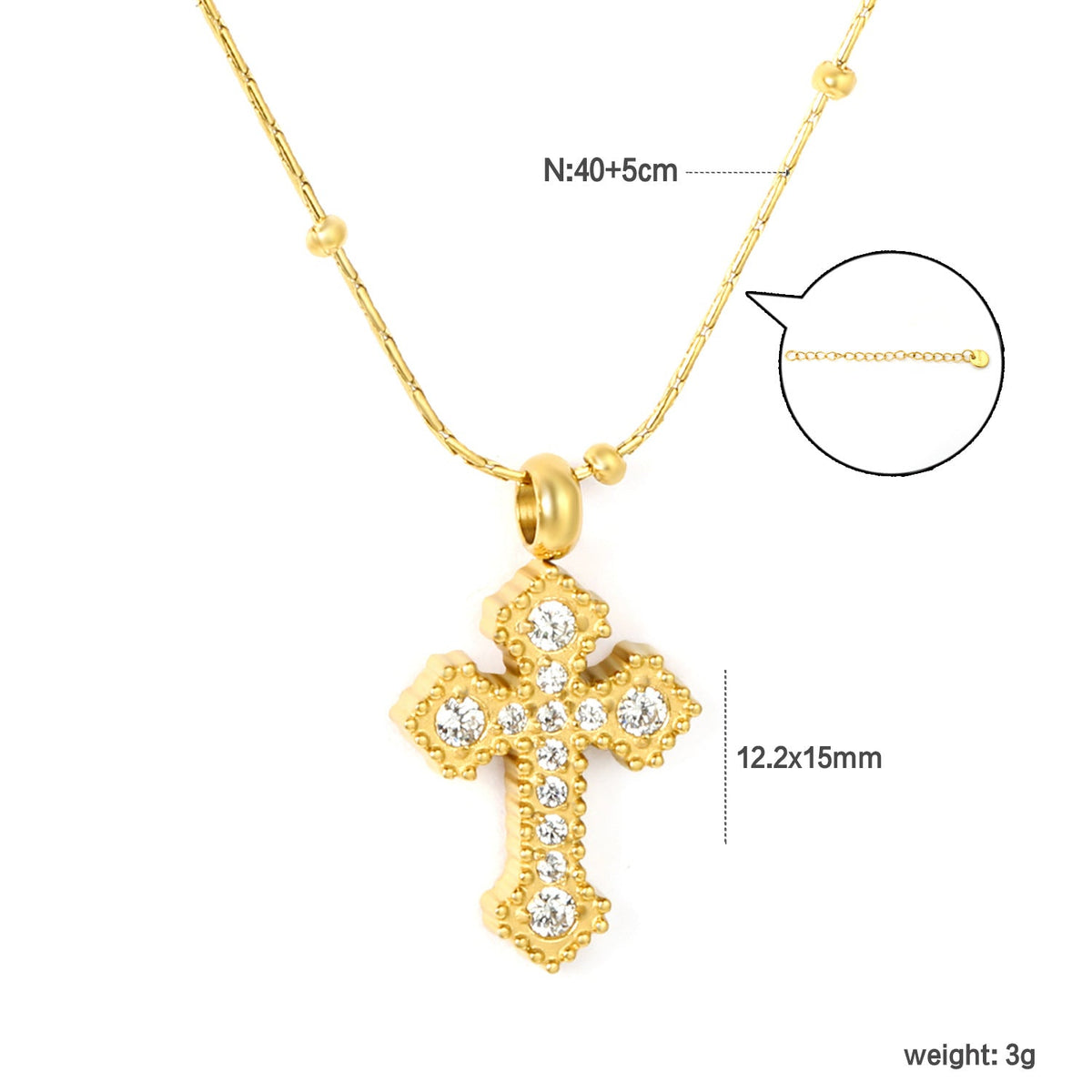 Collier pour femmes avec pendentif croix étincelant en acier inoxydable doré