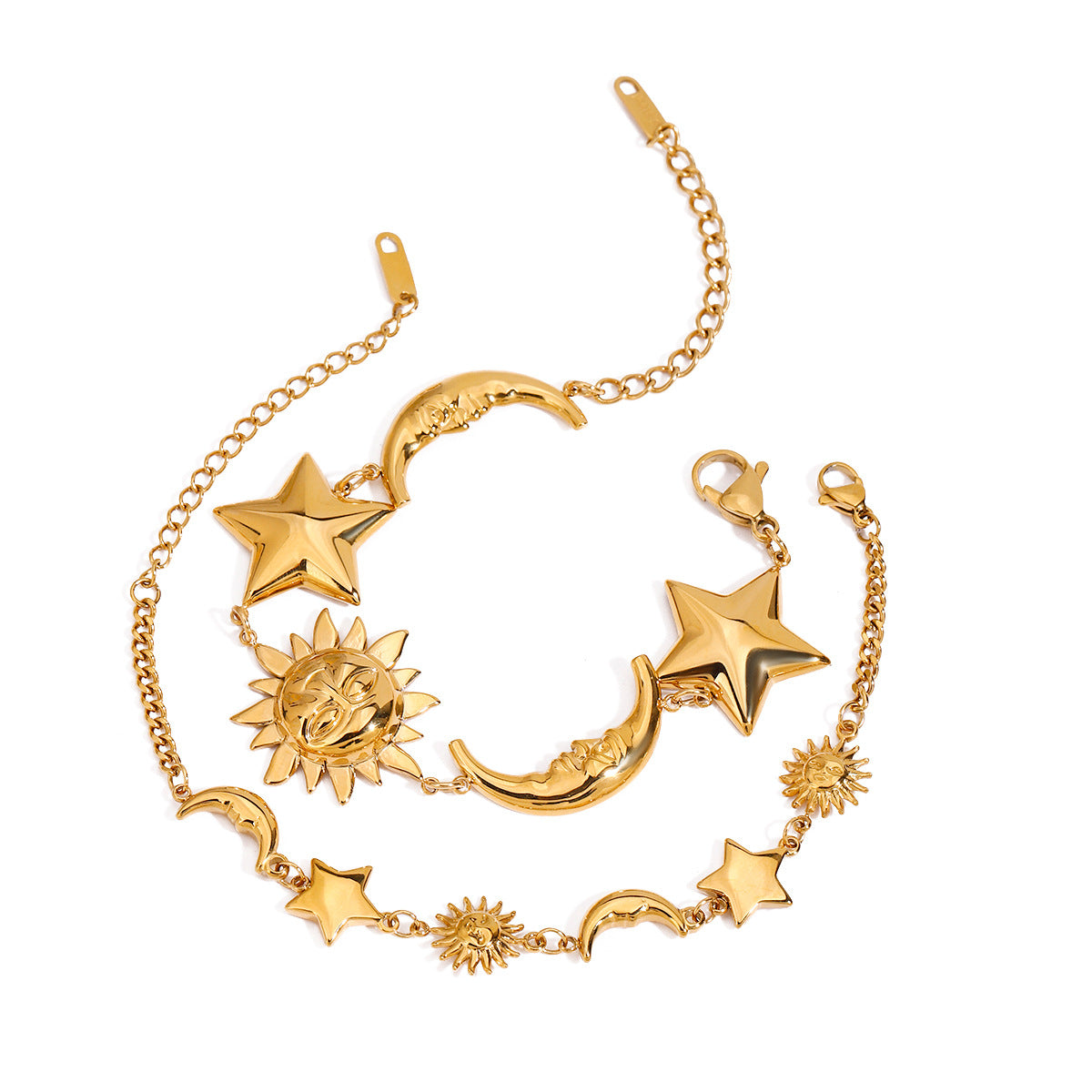 Bracelet pour femme avec pendentifs soleil, lune et étoiles en acier inoxydable