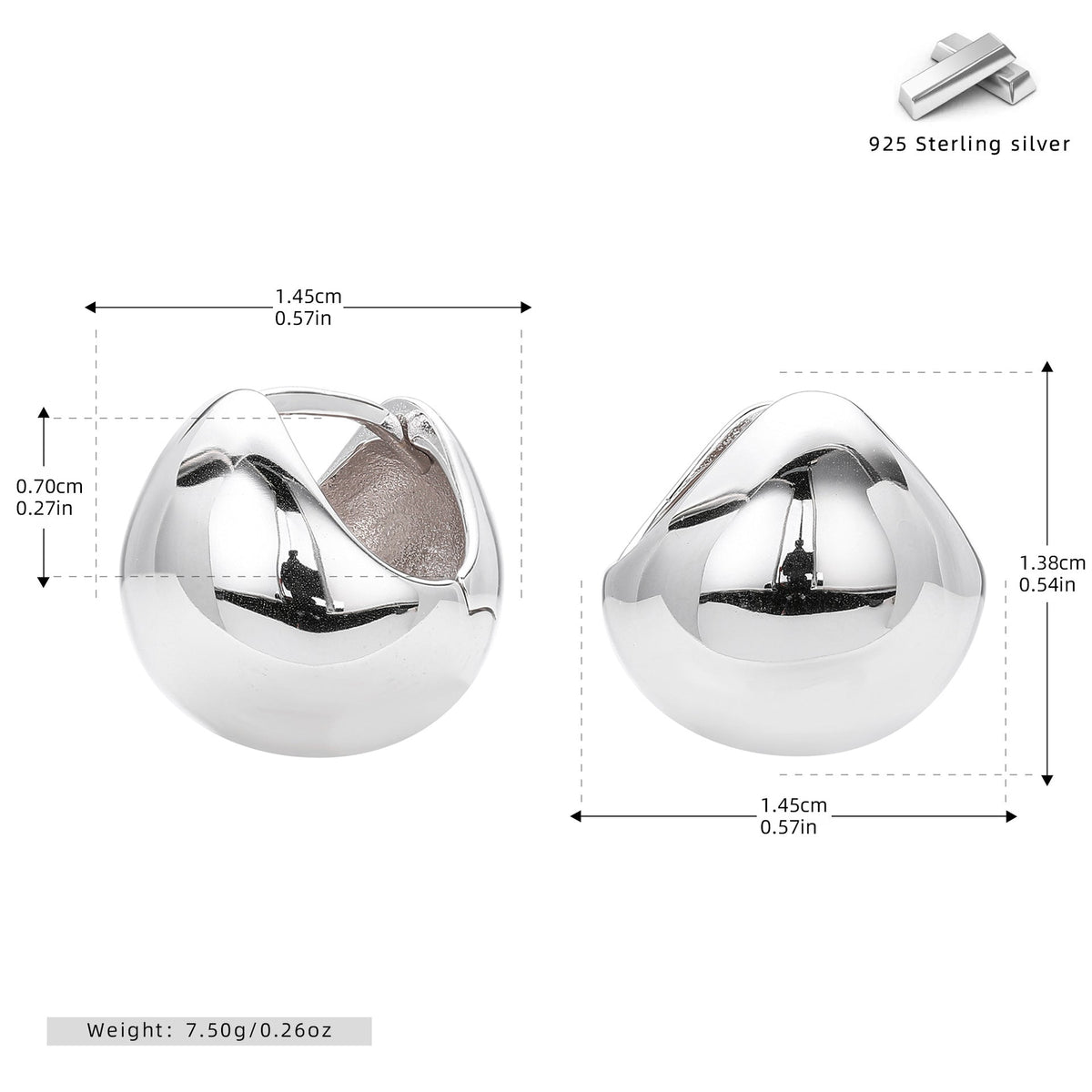 Clous d'oreilles pour femme en argent sterling 925 design incurvé