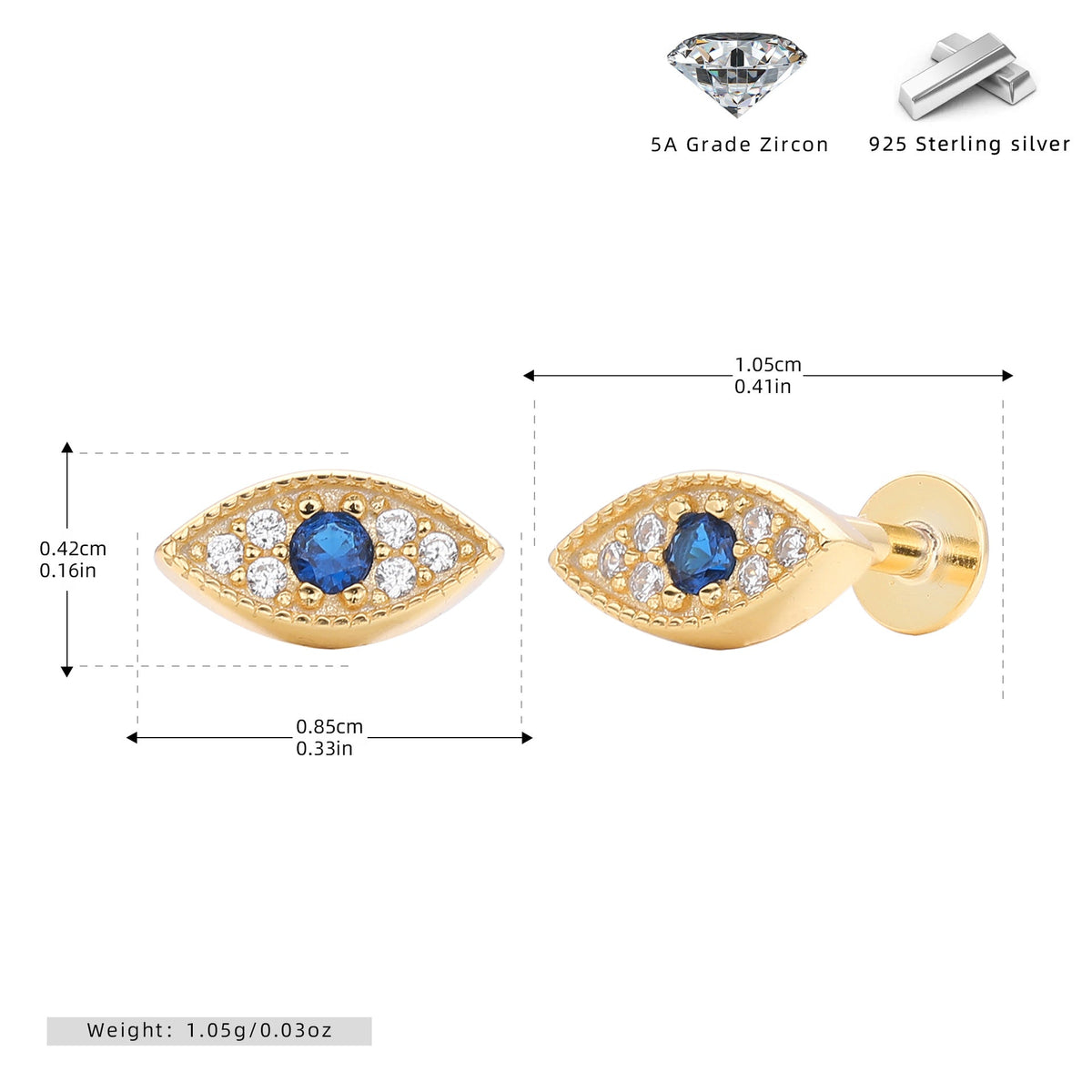 Boucles d'oreilles à clous pour femme design œil en argent sterling 925