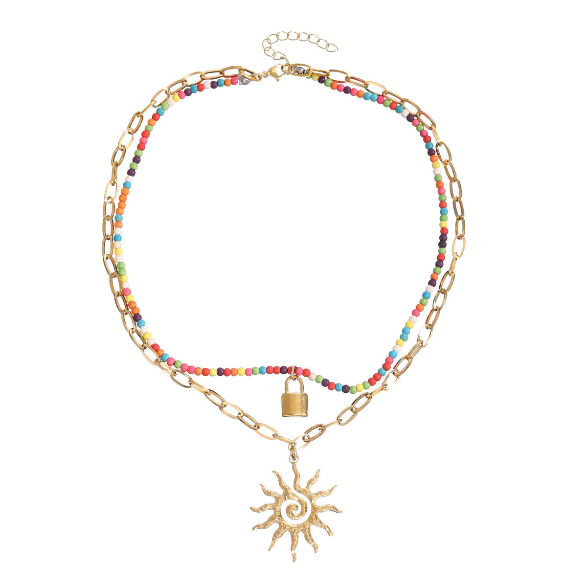 Collier 2 rangs pour femme avec perles colorées et symbole de soleil