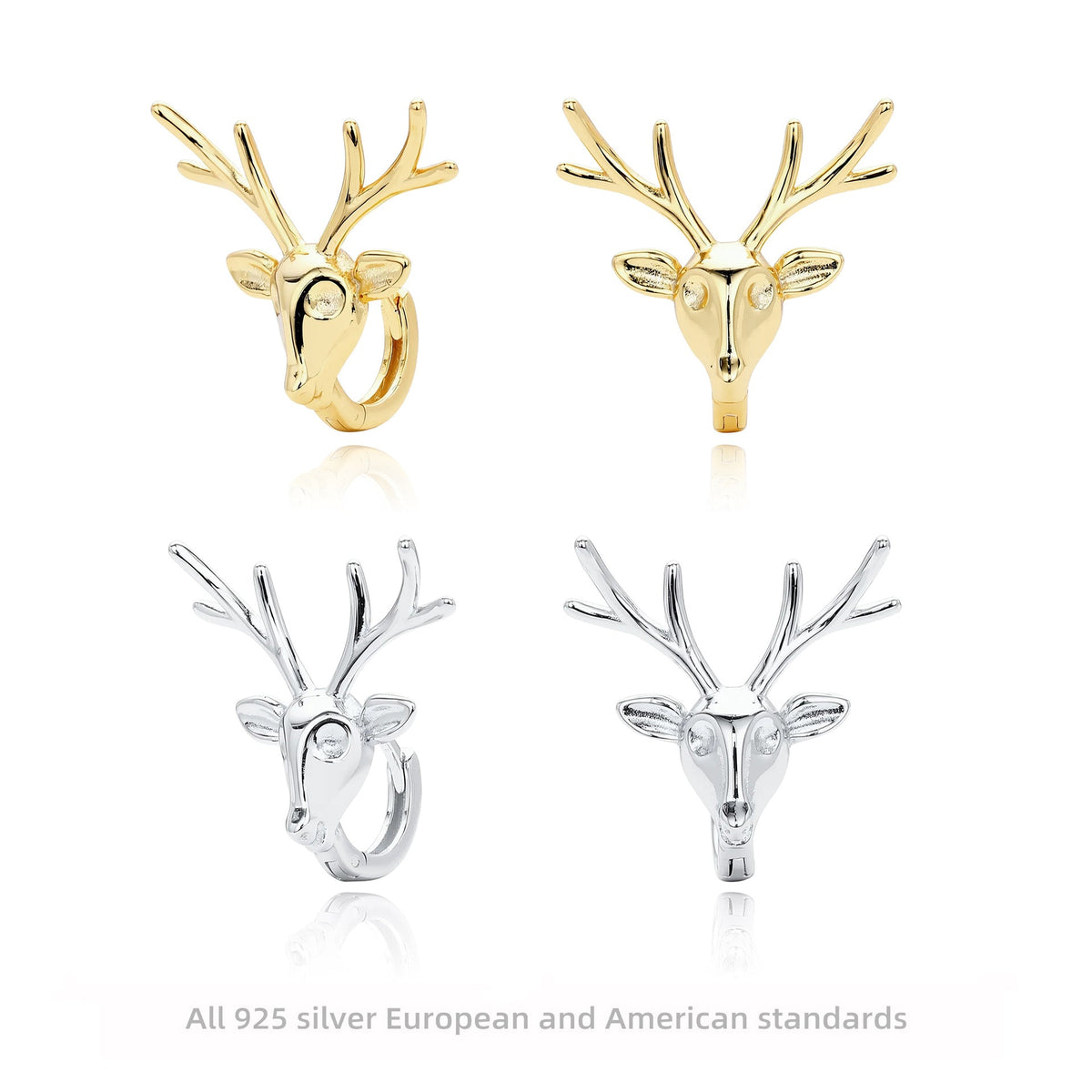 Boucles d'oreilles pendantes tête de cerf en argent sterling 925