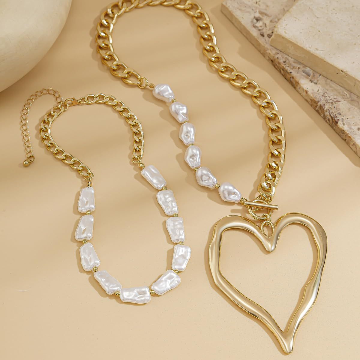 Collier chaîne cœur et perles