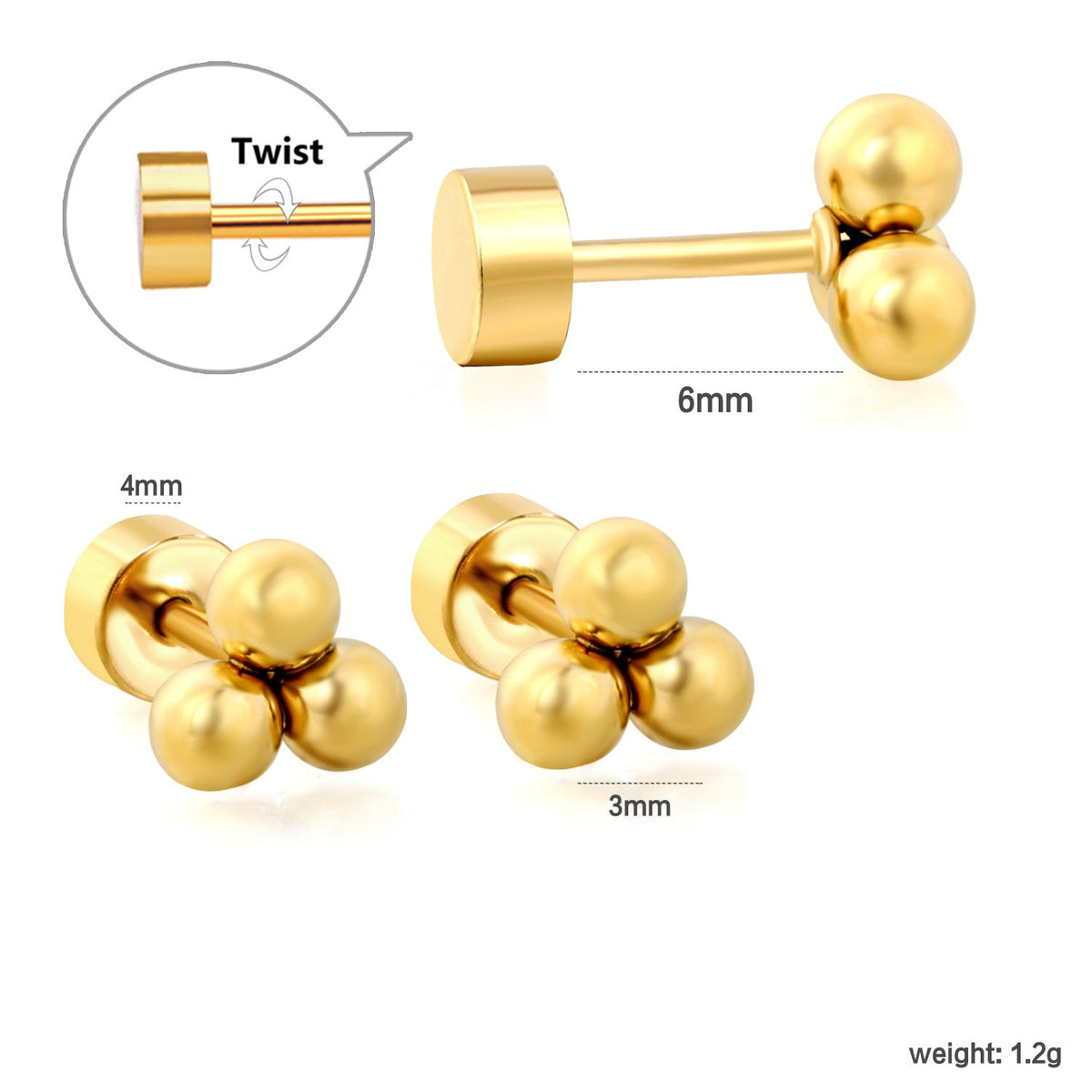 Boucles d'oreilles puces en acier inoxydable au design moderne à trois phases